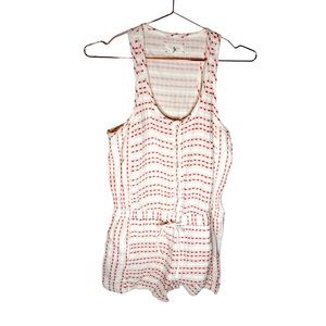 Lou & Grey Shorts Romper White Orange Dash Embroidery Front Tie Waist Sleeveless